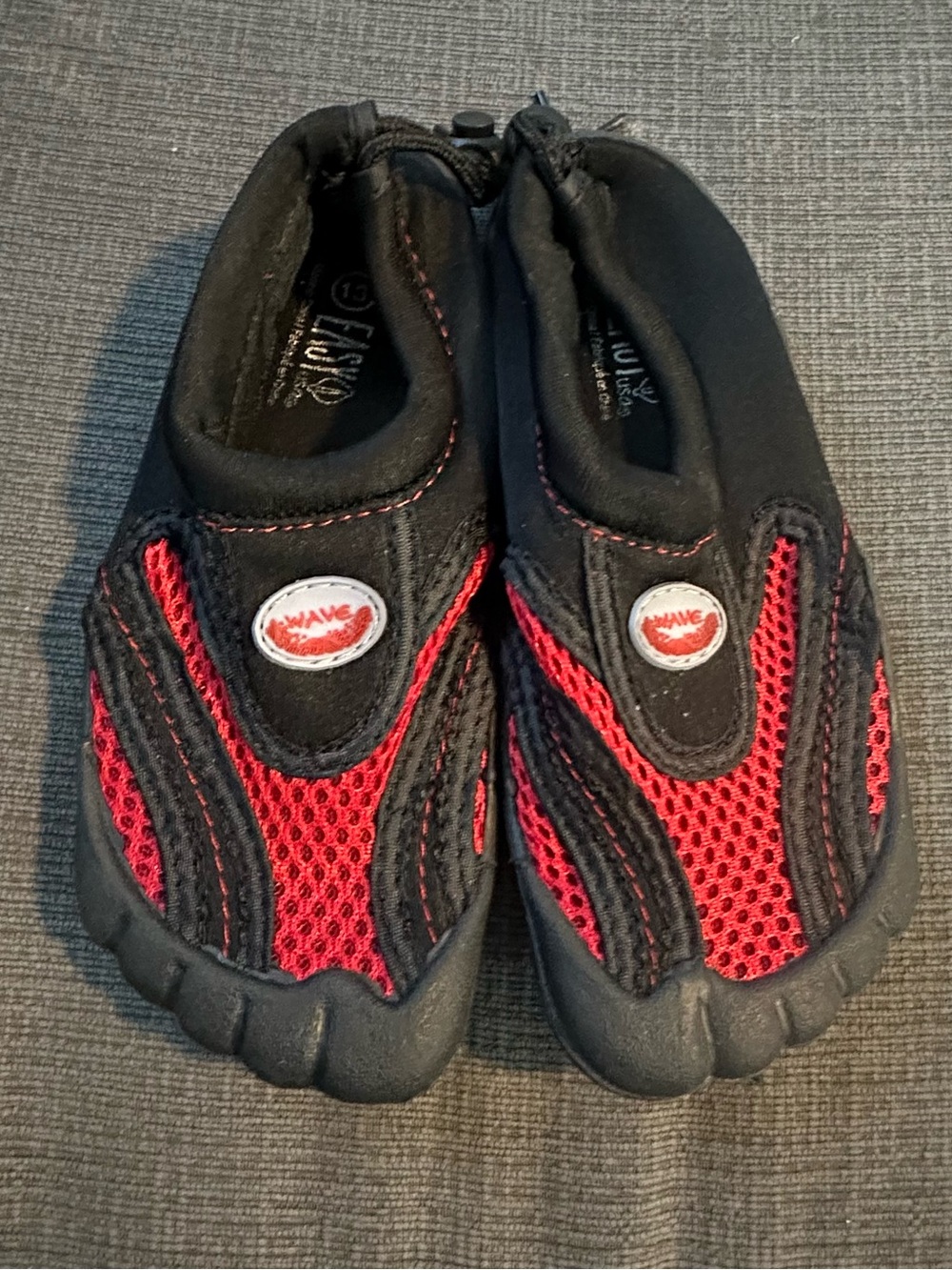 Easy USA hard sole water shoes. Kids size 13. Black and red.
